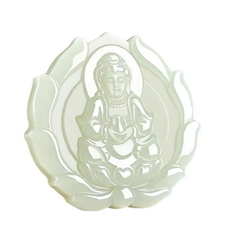Unisex Imitation Hetian Jade Guanyin Pendant with Lotus Design - Hanging Ornament Gift