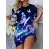 A Comfortable Short-sleeved Round-neck T-shirt Dress with a Lovely Cat and Butterfly Print On a Night Sky Background