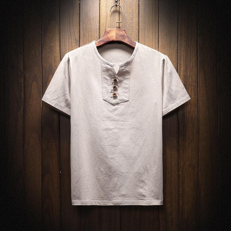Men's Summer 2026 Cotton Linen Two-Button Short Sleeve T-Shirt - Soft & Breathable