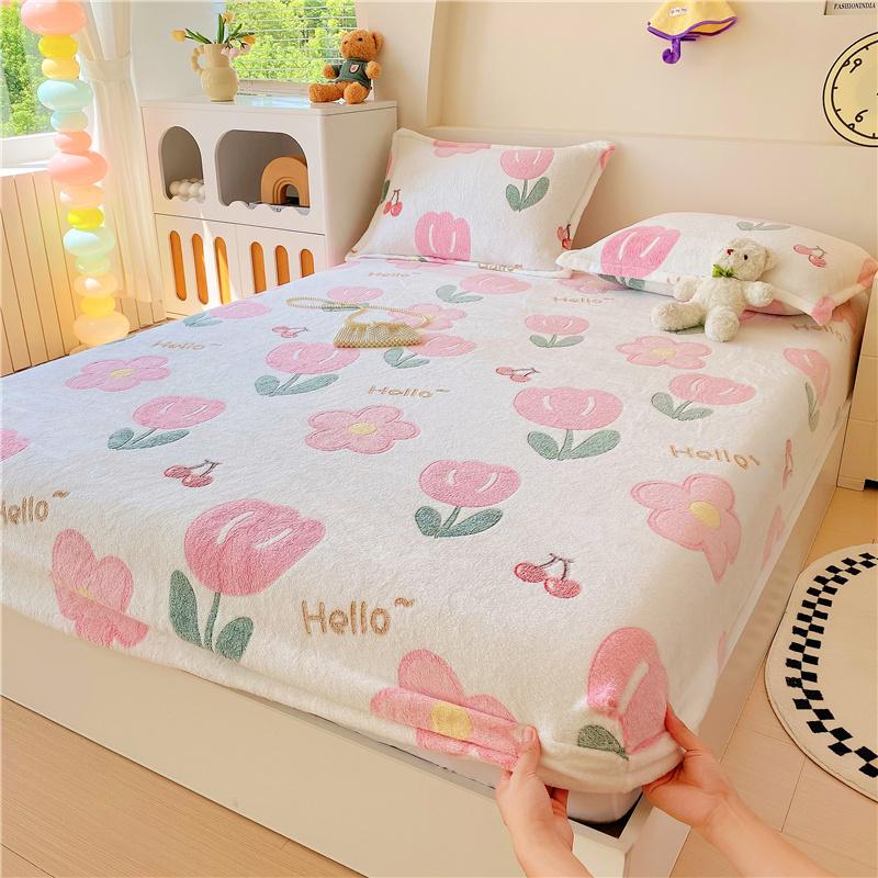 1pc Warm Bed Sheets for Winter Thick Flannel Fleece Fitted Bed Sheets Reactive Printed Drap De Lit Single/Queen/King Drap Housse