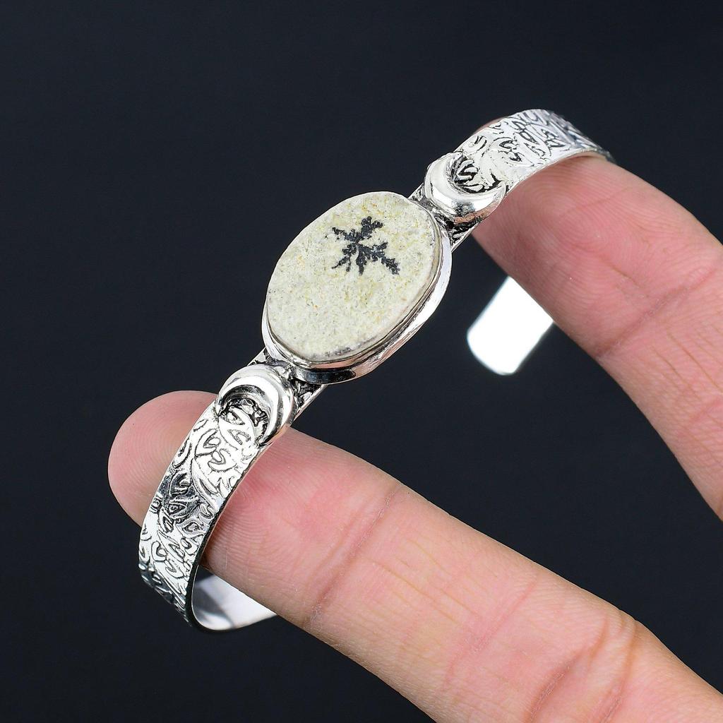 925 Silver Natural Psilomelane Dendrite Bangle Crescent Moon Adjustable