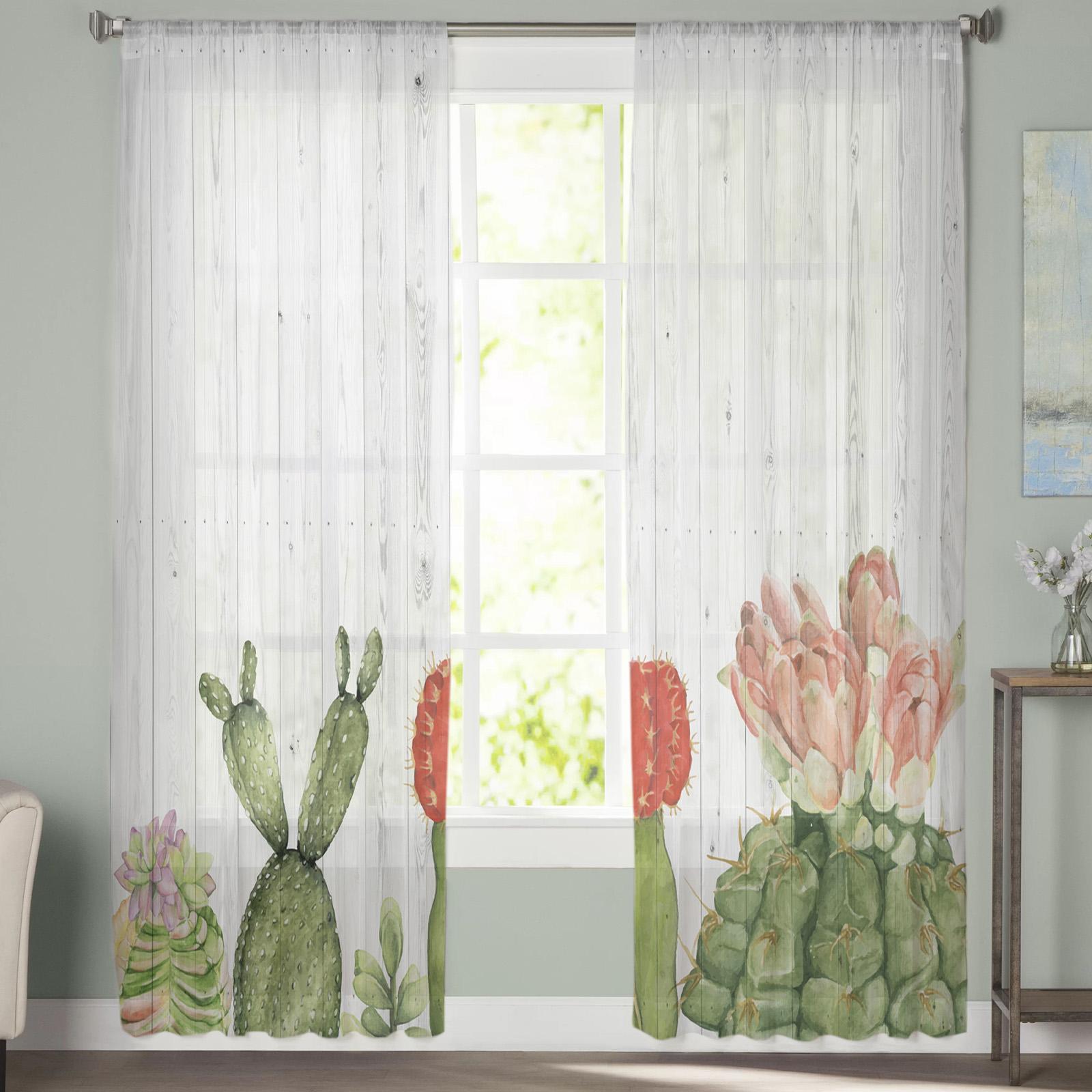 Молодежные прозрачные шторы для спальни с тропическим цветком кактуса — фото 4