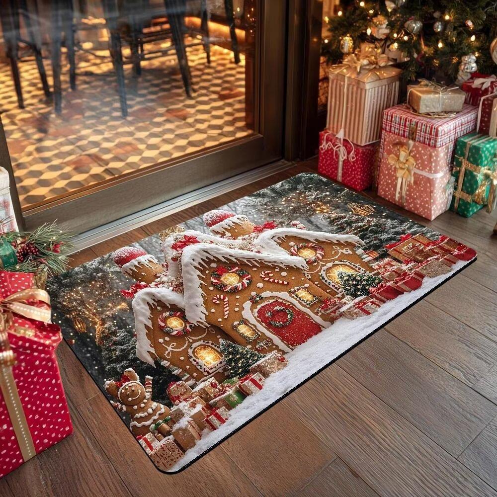 Christmas Dwarf Carpet Mat Merry Christmas Holiday Non Slip Carpet Snowman Santa Claus Pattern Home Entrance Foot Mat