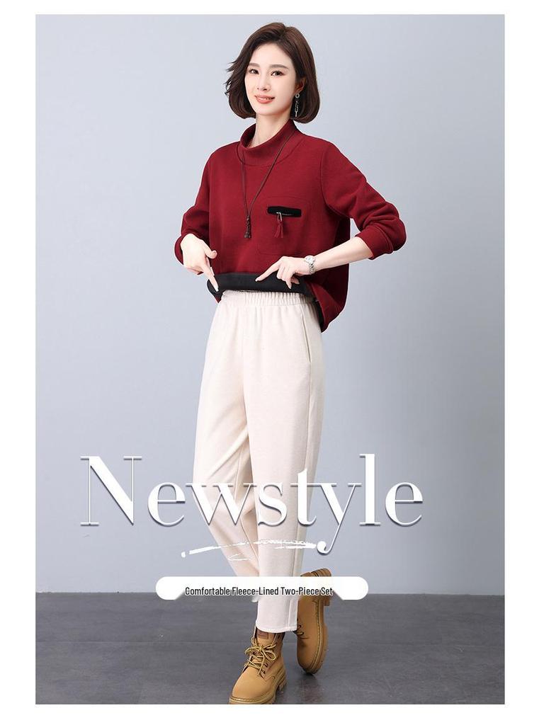 2024 Korean Style Petite Mom Casual Fashion Sweatshirt Two-Piece Set