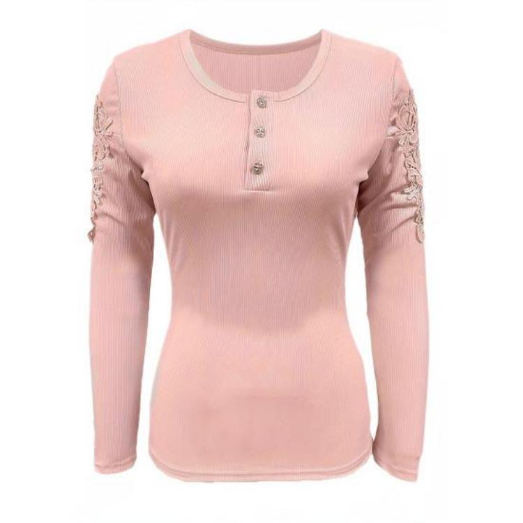 Women Hollow Out Lace Patchwork Pullover T Shirt Long Sleeve Slim Fit Soft Stretchy Round Neck Button Closure Solid Color Top Lady Spring Fall
