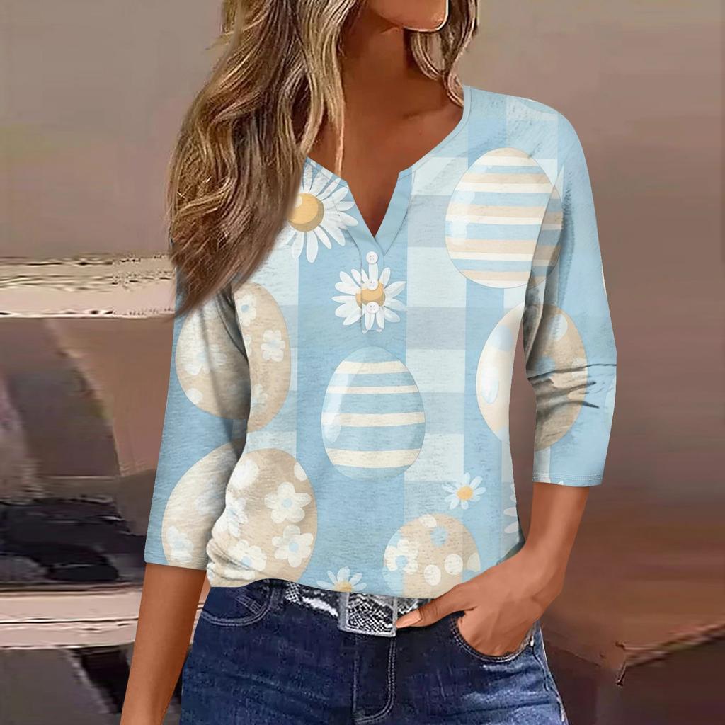 Women's Fashion Casual Easter Printed V-neck Short Sleeve Decorative Button Seven Sleeve T-shirt Top