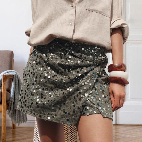 Women Sequins Mini Skirt with Cross Front Twist Detail Side Slit Hidden Zipper Closure