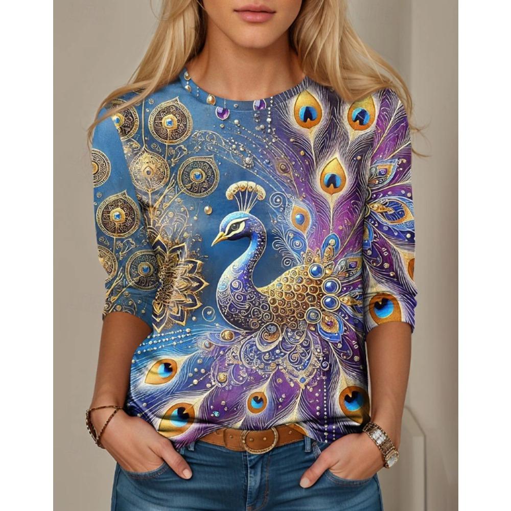 Tops for Women Animal Print Round Neck Long Sleeve T-shirt Fall Casual Slim Pullover Women's Long Sleeve Top