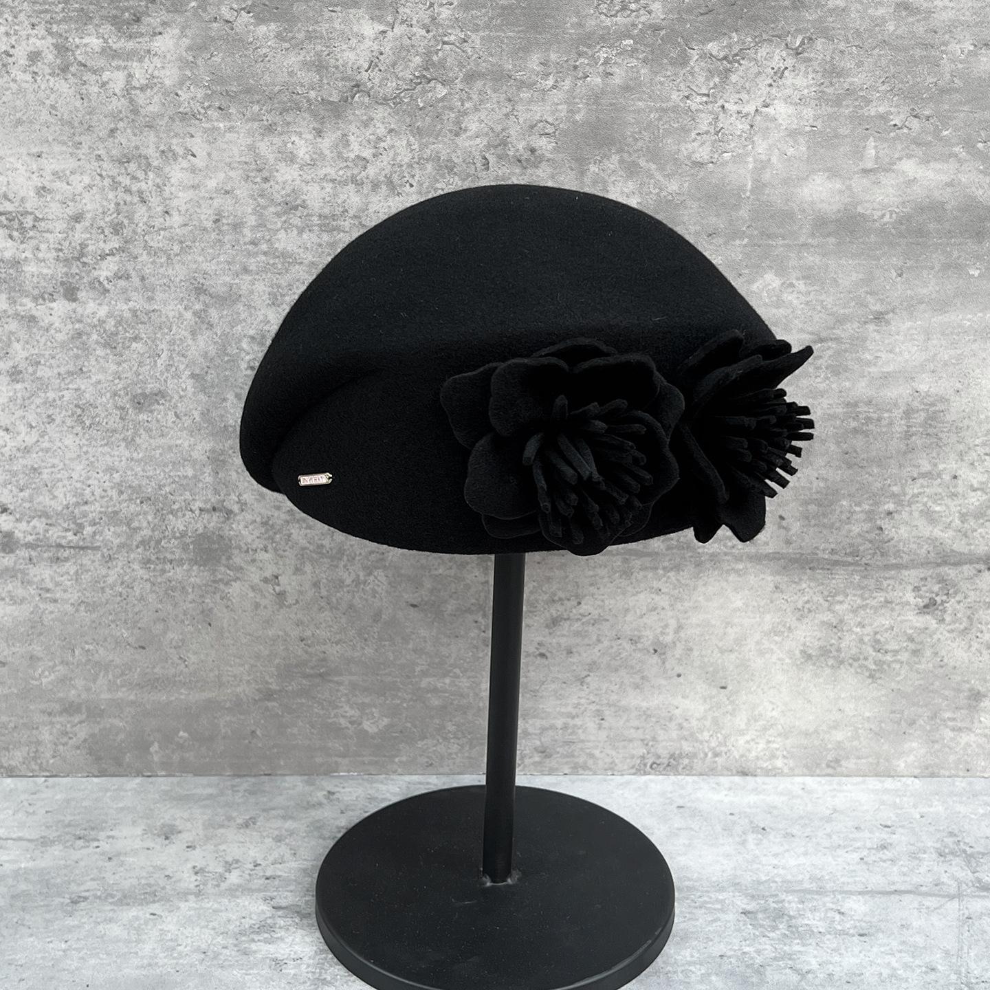 

French Retro Three-Dimensional Double Flower Woolen Beret Female Autumn And Winter Elegant Celebrity Temperament Stewardess Hat Top Hat M（56-58cm）
