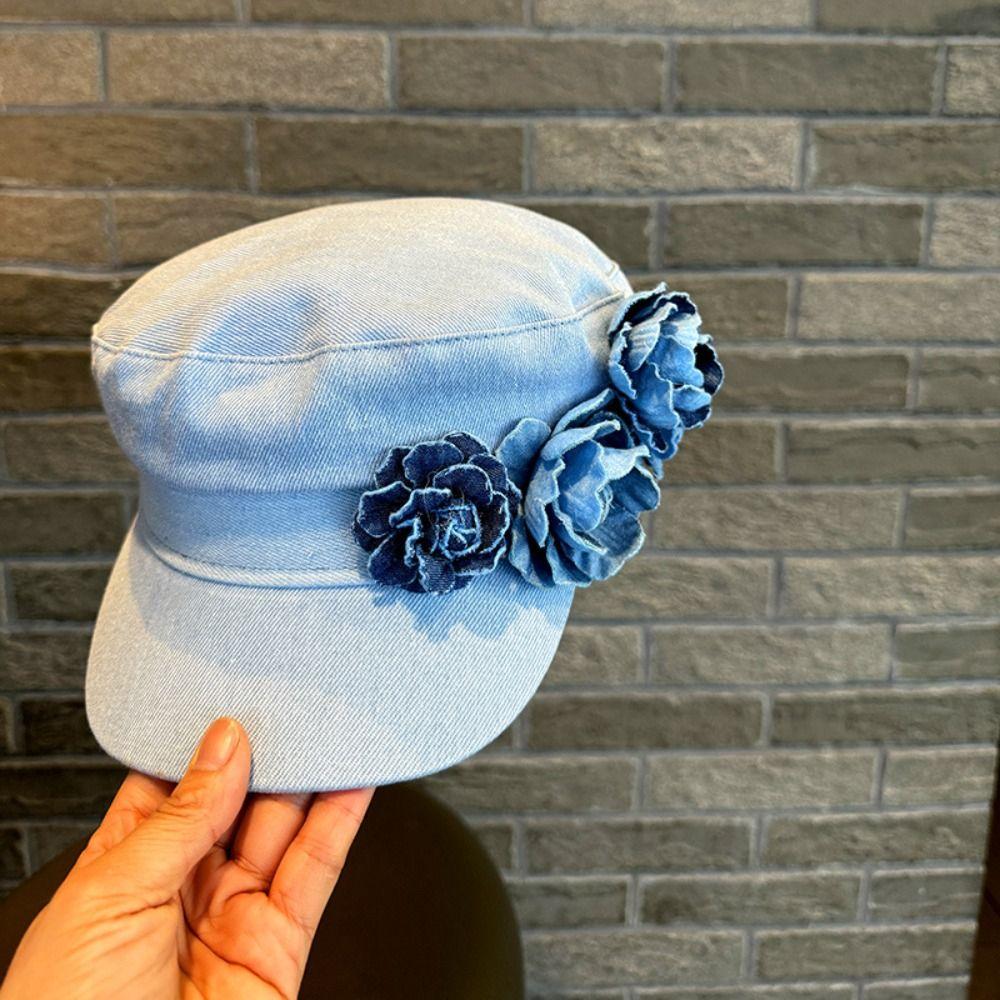 Adjustable Denim Camellia Beret Hat Artistic Painter Caps Vintage Flower Flat Top Hat  Lady