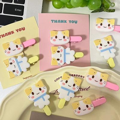 2Pcs Cute Cartoon Cat Hair Clip Fluffy Fuwa Nyanko Kitten Hairpin Duckbill Clip Sweet All-Match Bangs Clip Girl Hair Accessories
