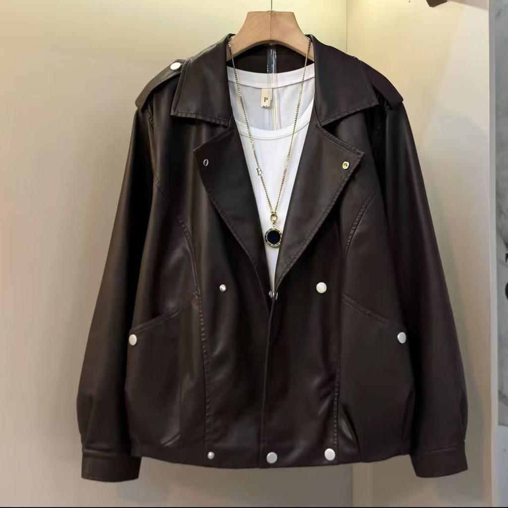 Women's Plus-Size Leather Jacket V-Neck Soft Leather Coat Loose Motorcycle Jacket Spring