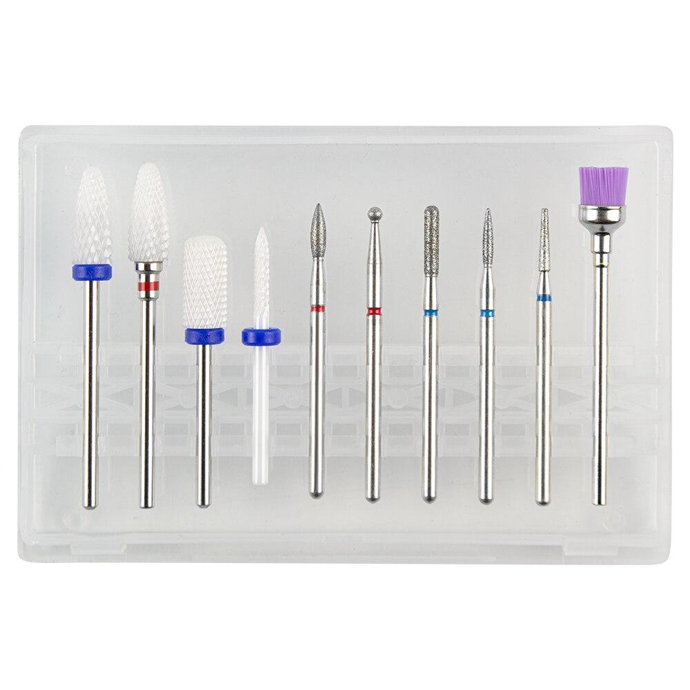 Sada 10ks fréz na manikúru Keramické vrtáky na nehty Čistič kartáč Diamantový mlýnek Příslušenství pro odstranění gelového laku