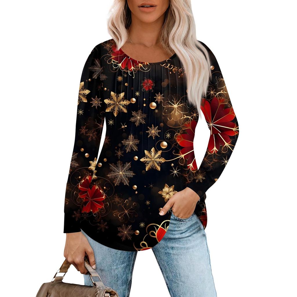 Long Sleeve Shirts For Women Tops Dressy Christmas Print Casual Blouses Pleated Scooped Neck Tunic Tops