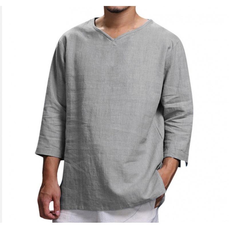 

In Stock: Men s Long Sleeve V-neck Cotton Linen Loose Shirt XXL