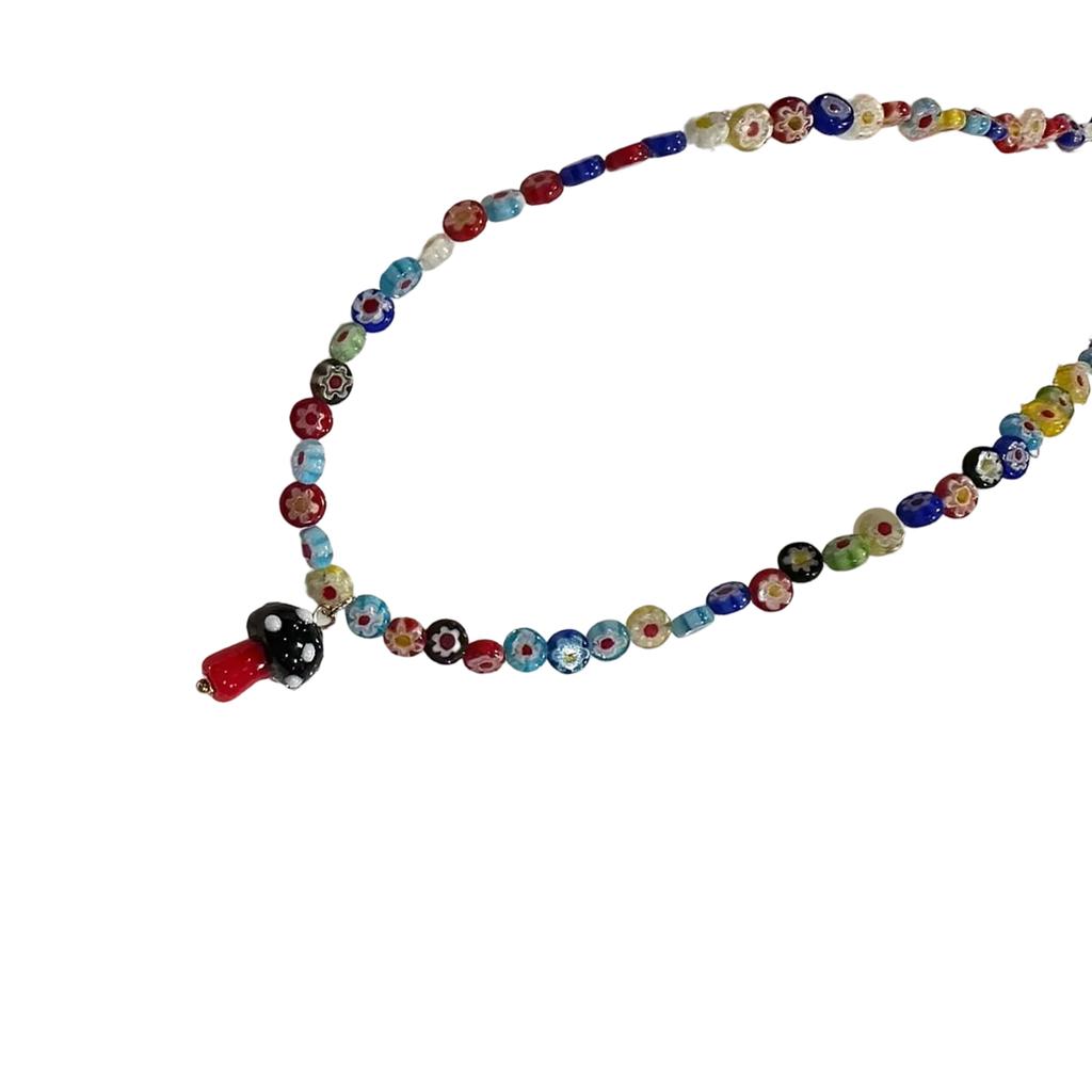 Colorful Glass Bead Necklace Featuring Mushroom Pendant and Floral Designs Decoration for Trendy Women Outfits