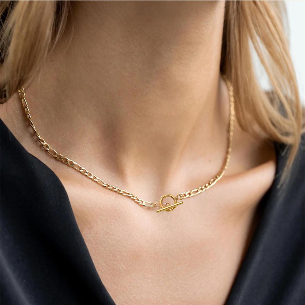 18K Gold Titanium Steel Figaro Chain Choker Necklace for Women