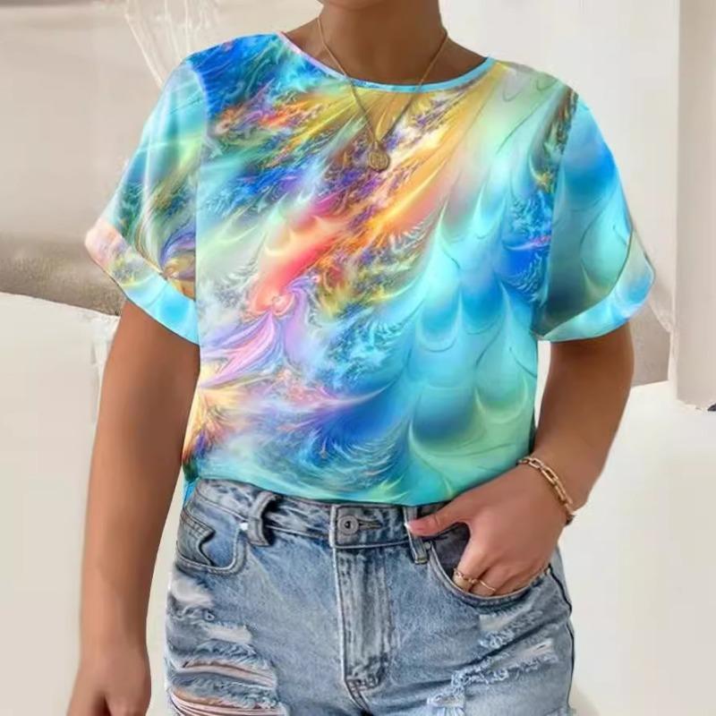Plus Size Xl-7xl Summer Trend Pear Blossom Print Round Neck Short Sleeved Printed T-shirt