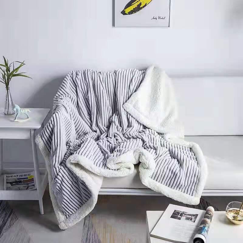 OEING Striped Flannel Coral Fleece Blanket