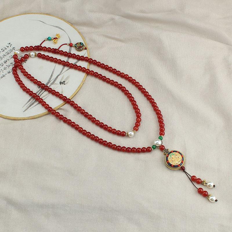 GEMCHIC Women s Chinese Style Long Beaded Tassel Necklace Tibetan Thangka Pendant Crossbody Chain Sweater Chain Accessories
