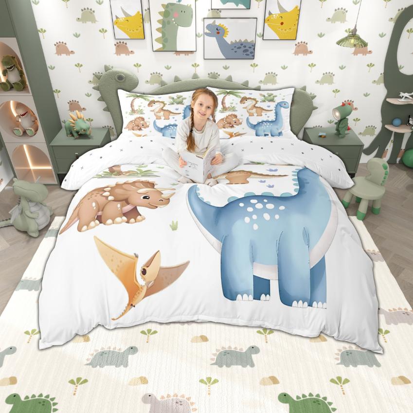 Homewish Cartoon Dinosaur Duvet Cover Set For Kids Boys Girls 2Pcs/3Pcs Cute Dino Bedding Kawaii Animal Comforter Cover Set