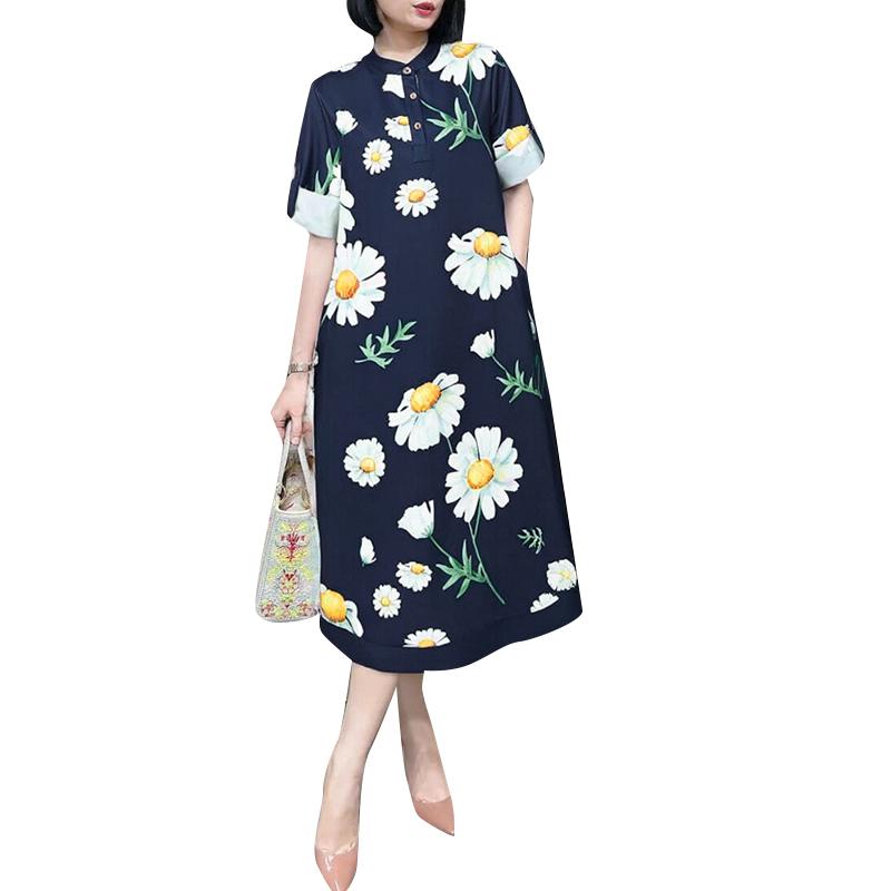 ZANZEA Women Casual Crew Neck 3/4 Sleeve Loose Floral Dress