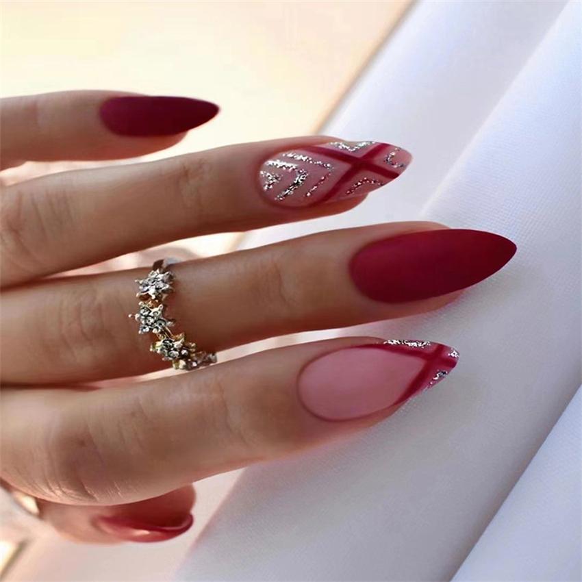 24 Pcs Wine Red Almond Press On Nails Medium Length Full Cover False Nail Tips Simple Wearable Manicure