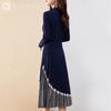 Pleated Glen Plaid Knit Midi Fit Boat J-Scott Women's Dress, Length, & Flare, Neck, Navy, JS161-NV-M