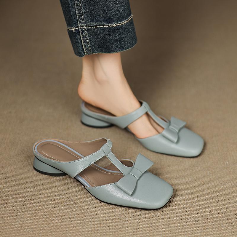 Fashion Bow Square Toe Slippers Mules Heeled Sandals Women Casual Loafers Shoes Woman 2025 Trend Summer Pumps Soft Leather Flip Flops