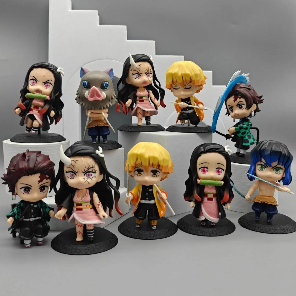 10Pcs/Set Q Ver. Demon Slayer Warror Figures Tanjirou Zenitsu Nezuko Inosuke Fighting Model Doll Toys PVC Figurines Kids Gifts