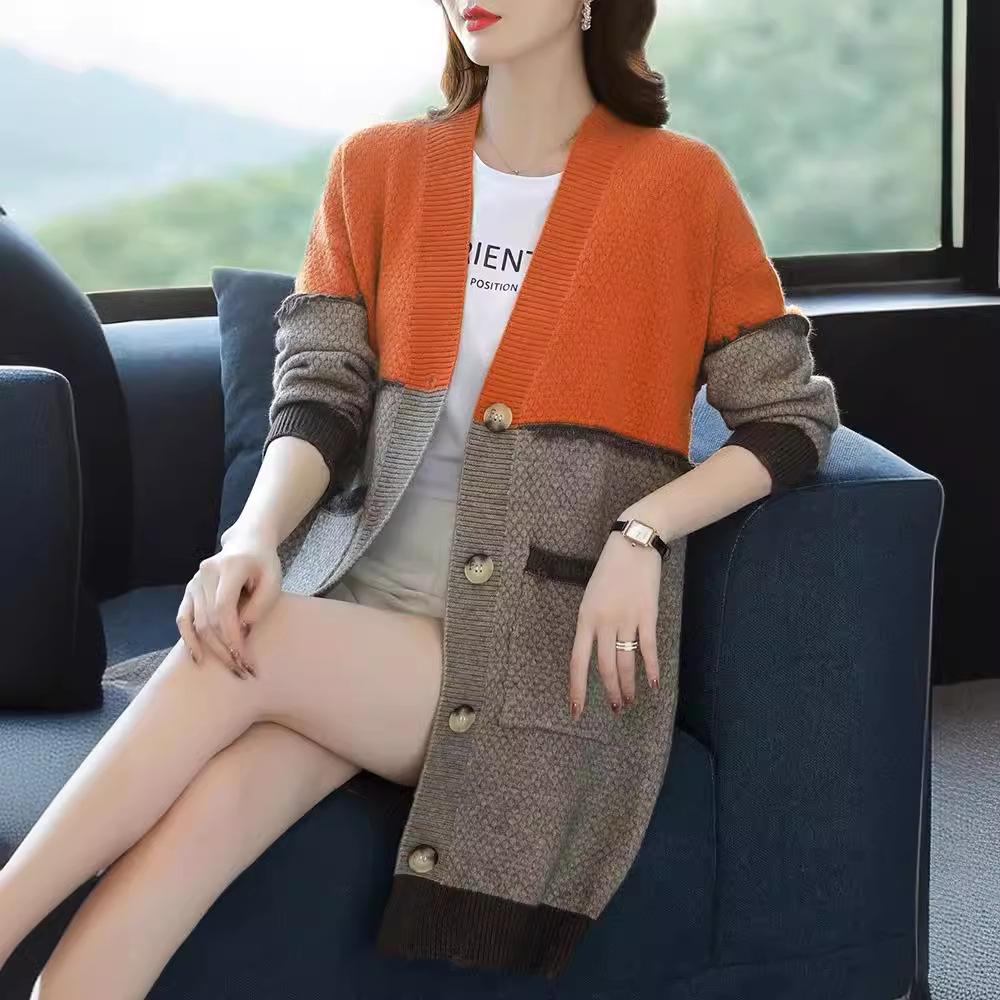 

Women s Sweater Jacket Autumn and Winter Loose Medium-length Knitted Cardigan V-neck Color-blocked Knitted Jacket XL оранжевый