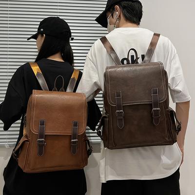 British Retro Soft PU Leather Backpack for Men and Women Casual Large Capacity Travel Belt Buckle Backpack Men