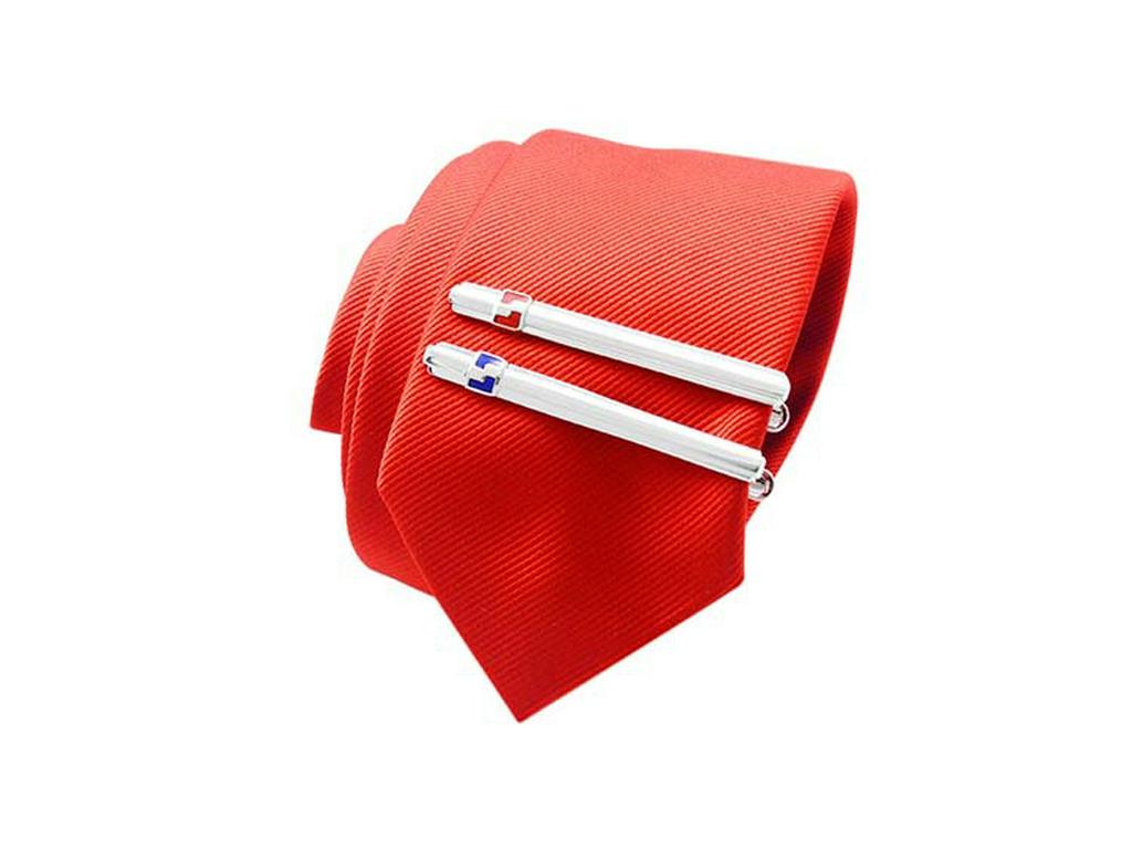 Savage Metal Minimalist Red & Blue Meander Tie Clip and Cufflinks Set