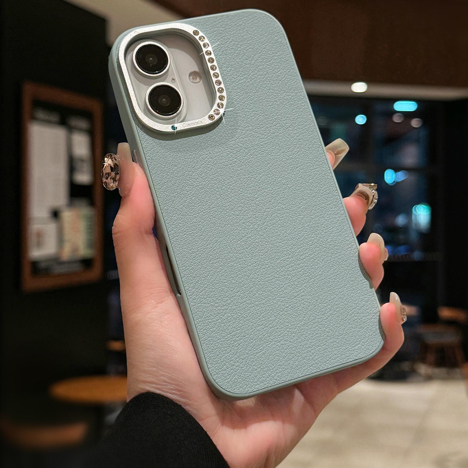 

For iPhone 16 Case Rhinestone Decor Lens Frame Leather+PC Phone Cover Blue