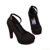 Large Size New Fashionable Suede Thick Heel Buckle Women's High Heels Waterproof Platform Party Black Women's Single Shoes