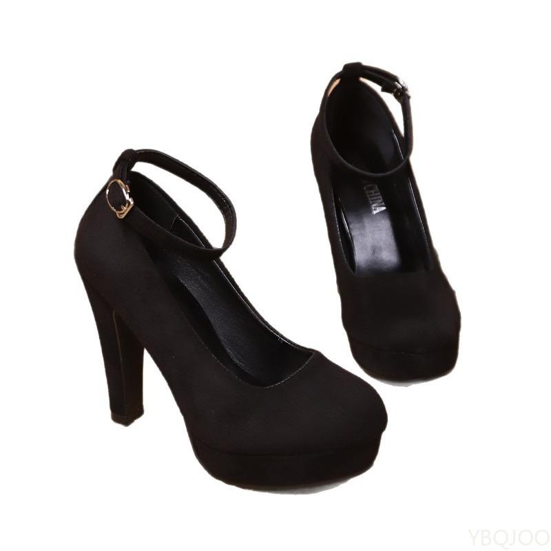 Large Size New Fashionable Suede Thick Heel Buckle Women's High Heels Waterproof Platform Party Black Women's Single Shoes