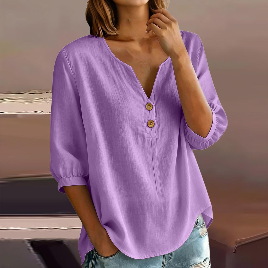 Women's Casual Linen Blend Henley Button Neck Shirt Three Quarter Sleeve Lightweight Loose Fit Top for Everyday Wear