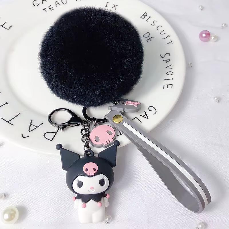 Sanrio Hello Kitty Kuromi Melody Cinnamoroll Adorable Keychains with Soft Rabbit Fur Ball Women Girl Bag Pendant Keyring Presents