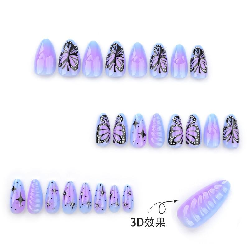 Purple Smudge 3D Love Wearing Nail Short Almond Manicure Fake Nail Butterfly Star Nails Nail Patch