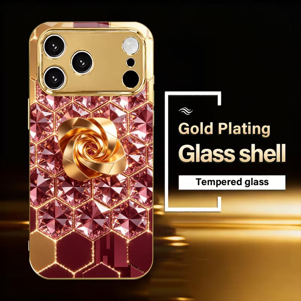 Pink diamond golden rose phone case for funda iphone for iphone 17 pro max cover glass for iPhone 17 16 15 14 13 12pm Pro Plus