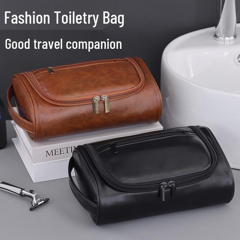 Men's PU Leather Handheld Cosmetic Bag: High-Capacity Waterproof Toiletry Travel Case