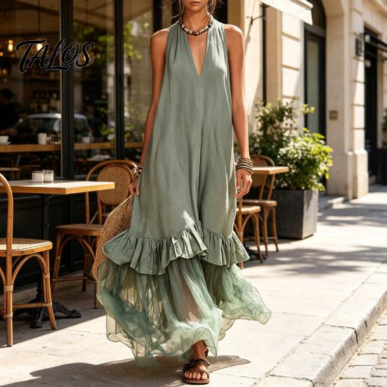 Summer Sleeveless Maxi Dress for Women, Deep V Neck Mesh Patchwork Long Dress, A-line Ruffle Flowy Beach Sundress