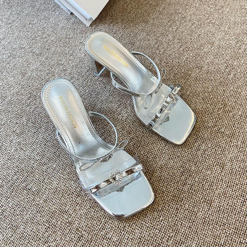 

X281-5 square head open-toed premium sandals 2025 new summer fairy bow high heel female cool 35 серебряный