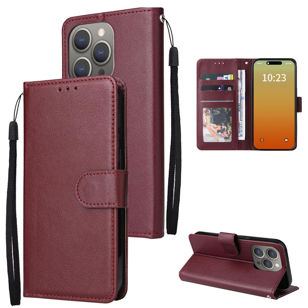 Applicable To iPhone16E Mobile Phone Leather Case 17Pro Leather Pattern Solid Color Card Insert Wallet Bracket Protective Case Three Cards