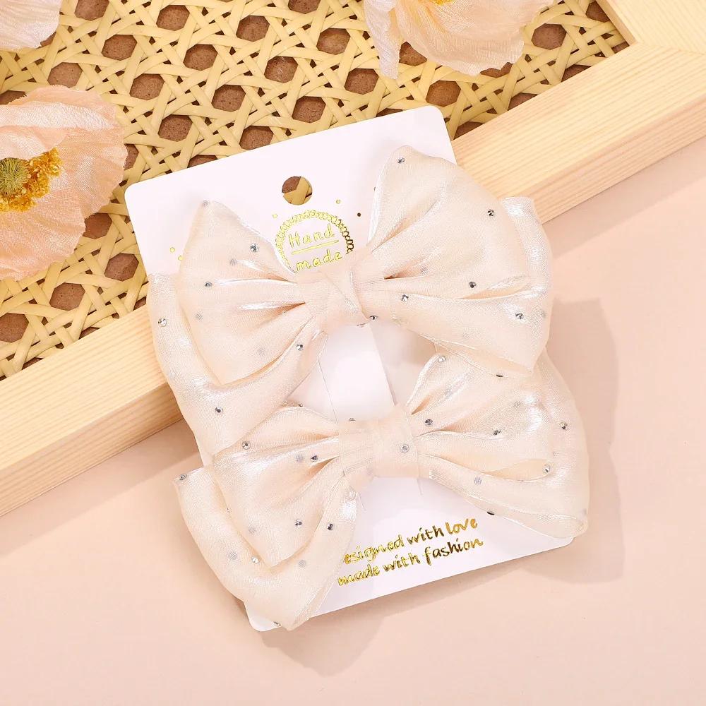 

RAINBOW BOWS 2Pcs Yarn Bow Hair Clip Solid Crstal Bowknot Hairgripes for Girls Elegant Womens Boutique Hair Accessories