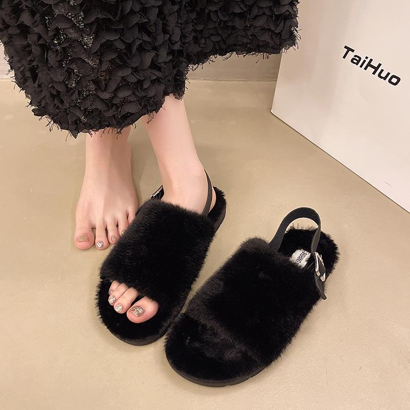Foreign trade plush sandals women wear white fluffy shoes in winter women's new flat-soled fluffy slippers in autumn and winter 2024