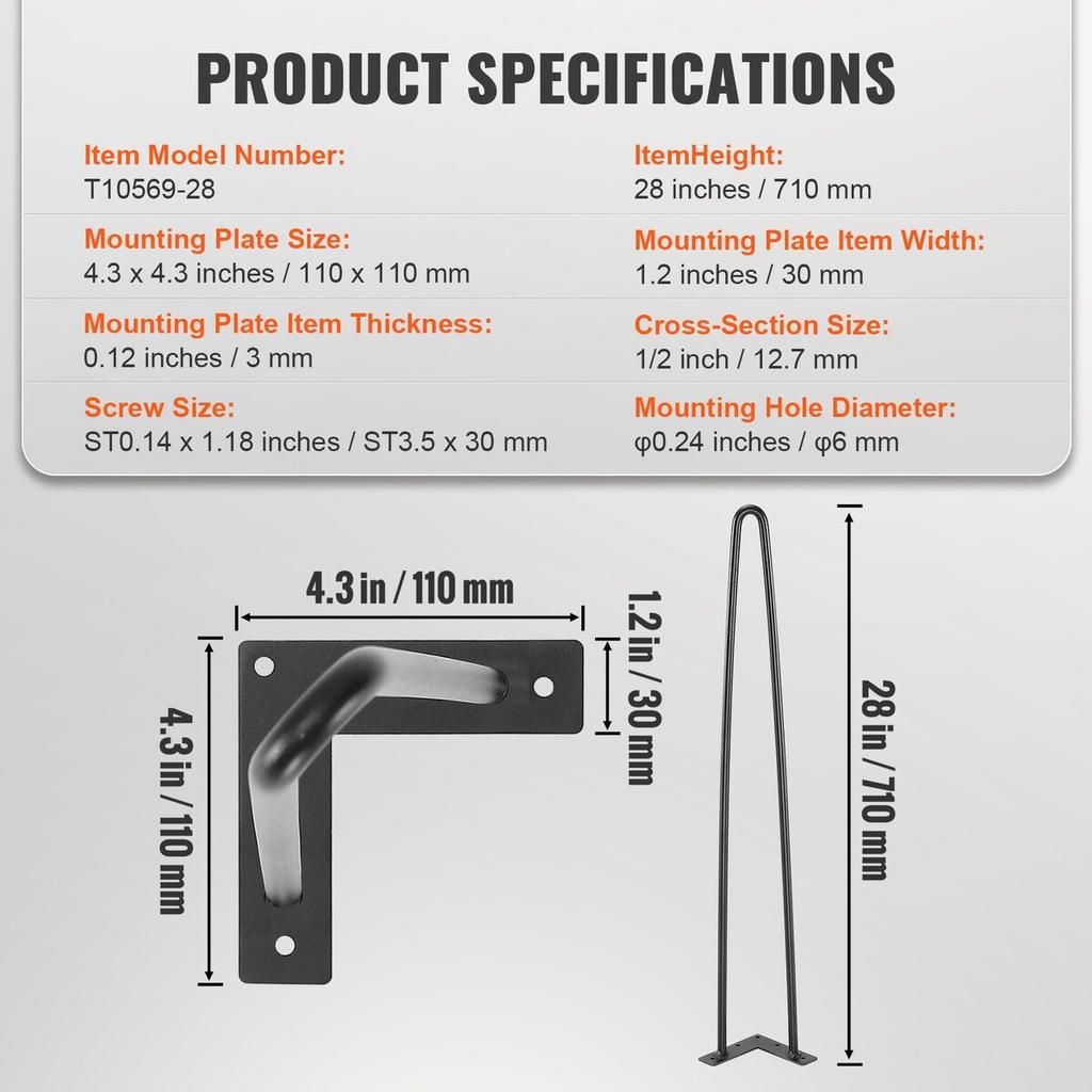 711.2MM Hairpin Furniture Legs, Metal Home DIY Projects for Nightstand, Coffee Table, Desk, 226.8KG Load Capacity with Rubber Floor Protectors, Metal