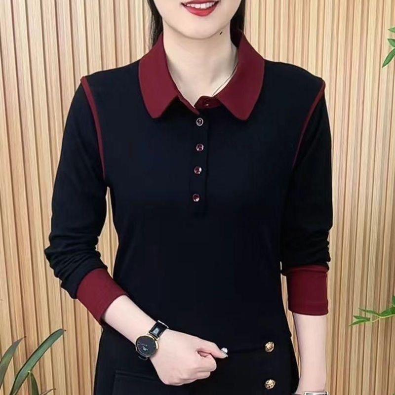 Podzimní tričko se stojáčkem a dlouhým rukávem, módní a všestranné, elegantní a mladistvé, vícebarevně sladěný dámský top