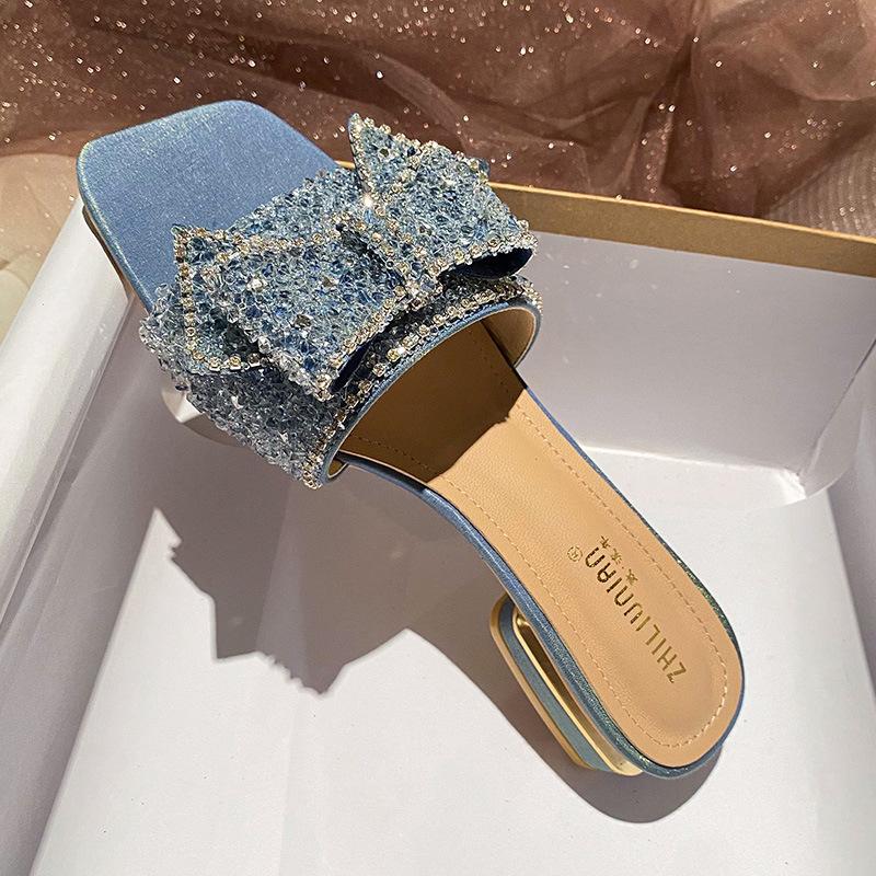 New Summer Low Heel One-word Drag Fashion Thick Heel Fairy Wind Cool Slippers Square Head Rhinestone Bow Out Slippers