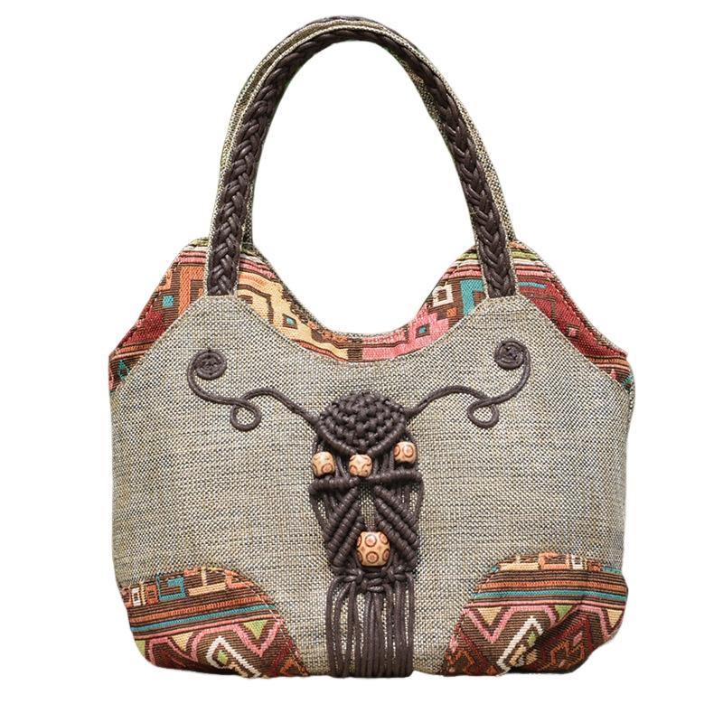 Bohemian Style Handmade Braided Pattern Thick Tote Bag Lightweight Zippered Casual Women Handbag Design With Floral Embroidery And Tassel Accents